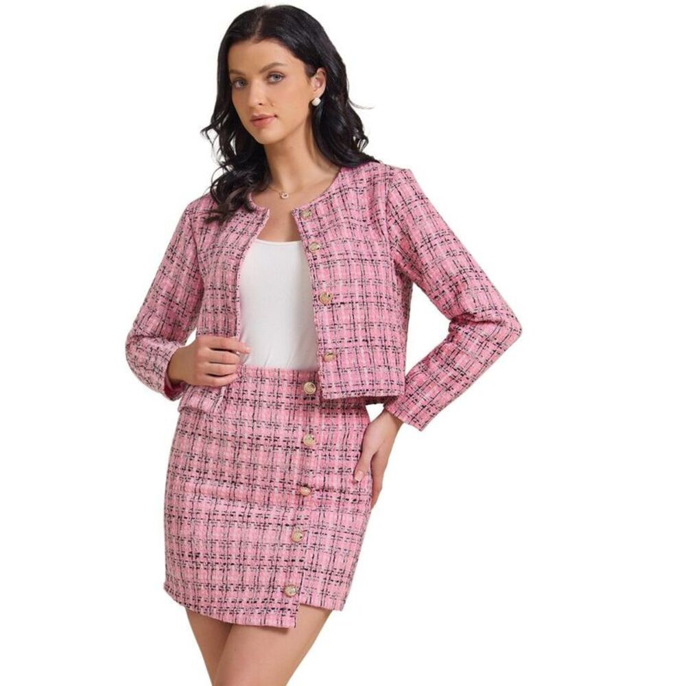 INSPIRE CHIC -  Women's Plaid Tweed Button Down Long  Pink